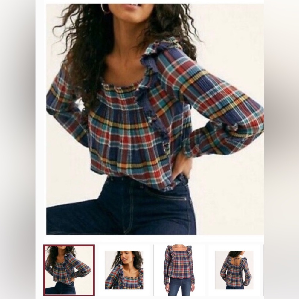Free People Navy Plaid Ruffle Long Sleeve Top XS